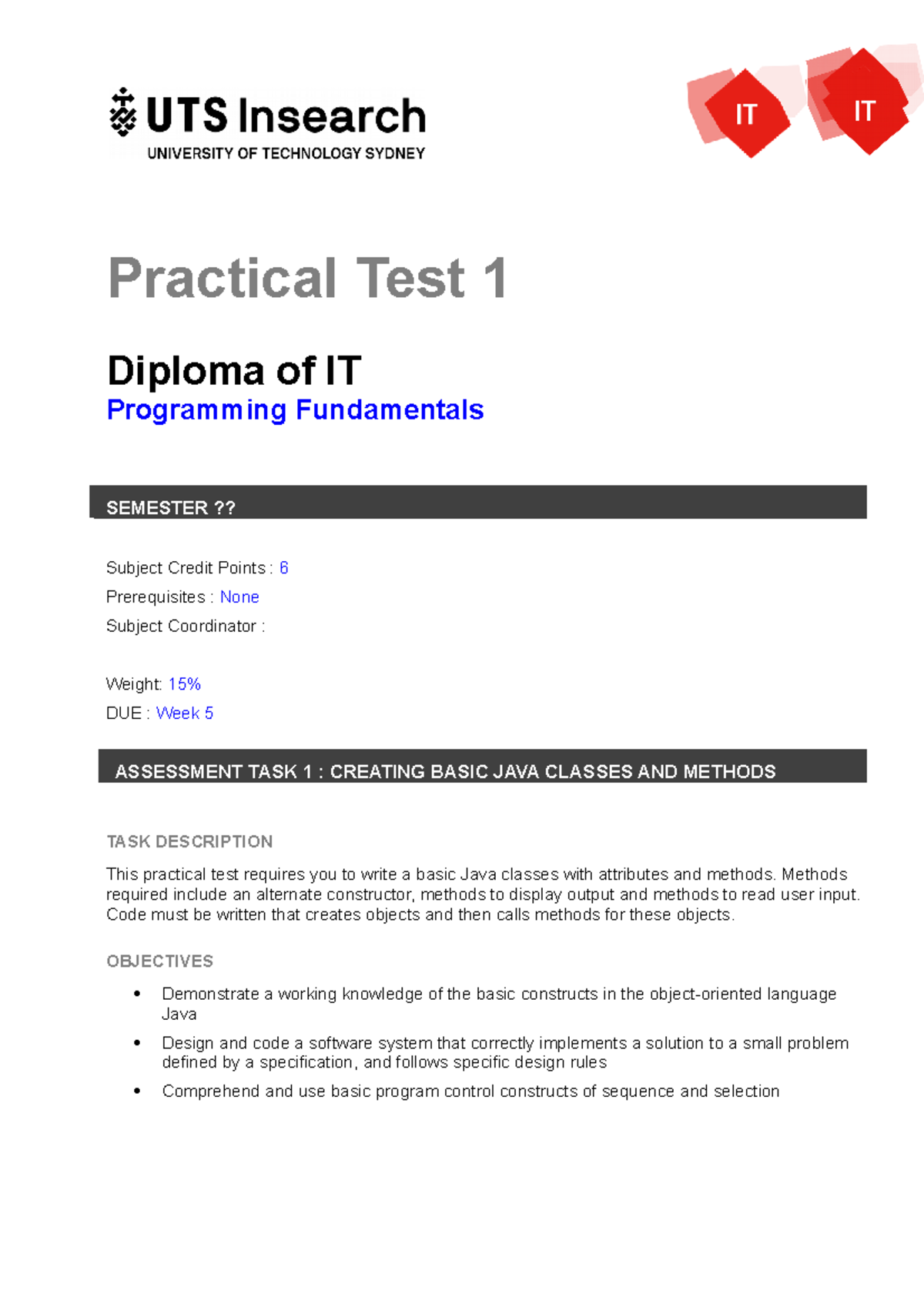 Practical Test 1 - Assessment Brief - Practical Test 1 Diploma of IT ...
