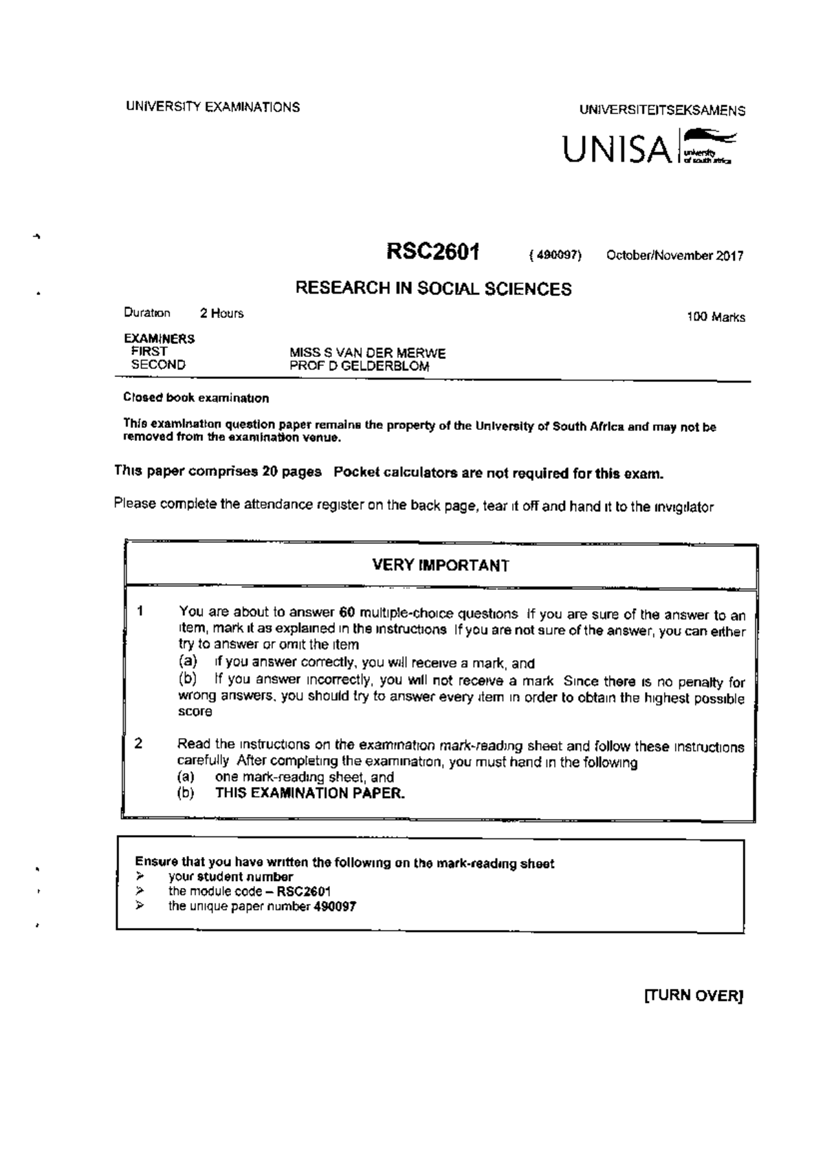 Exam 17 November 2017, questions - RSC2601 - Studocu