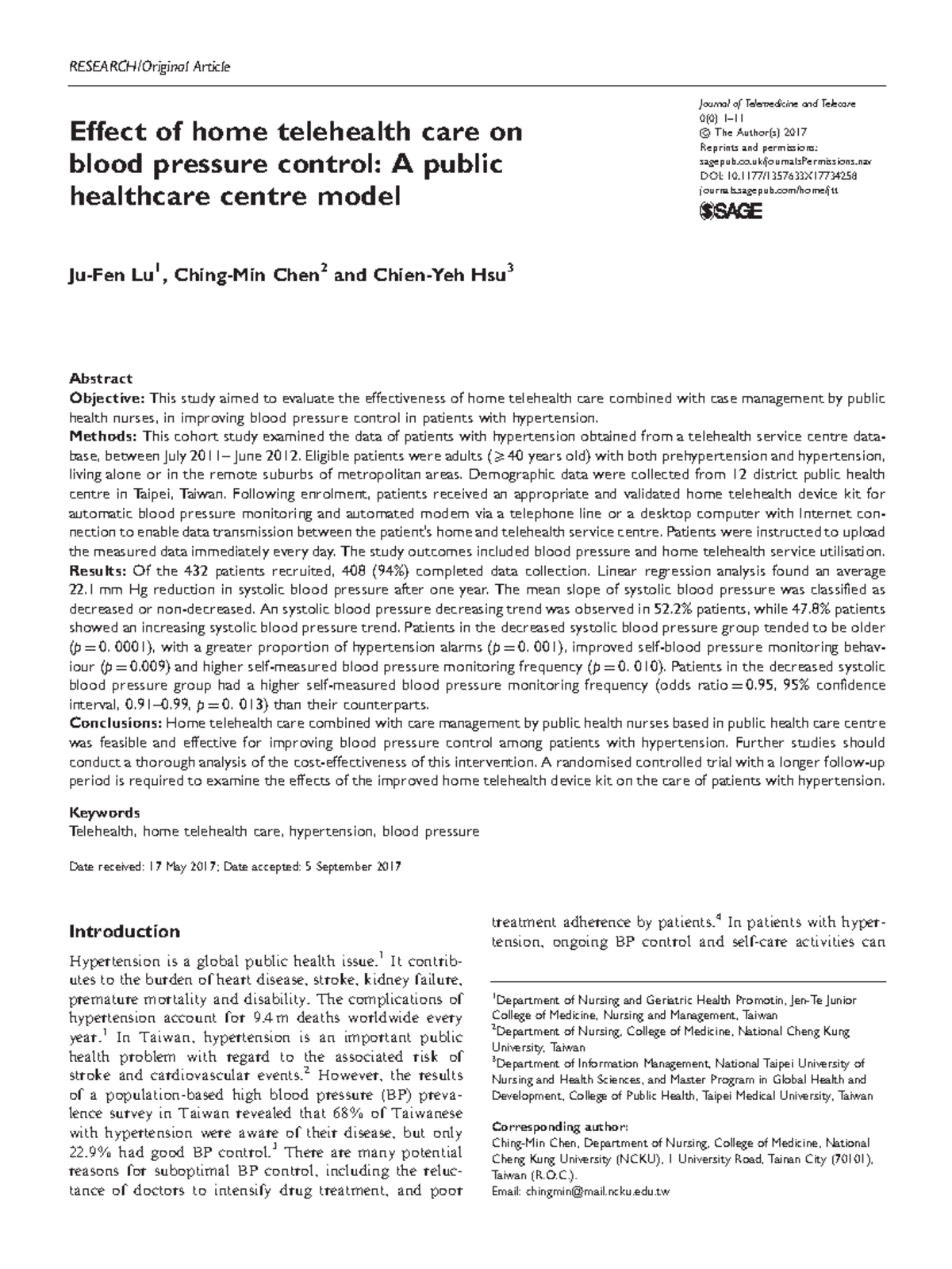Lu - n/a - RESEARCH/Original Article Effect of home telehealth care on ...