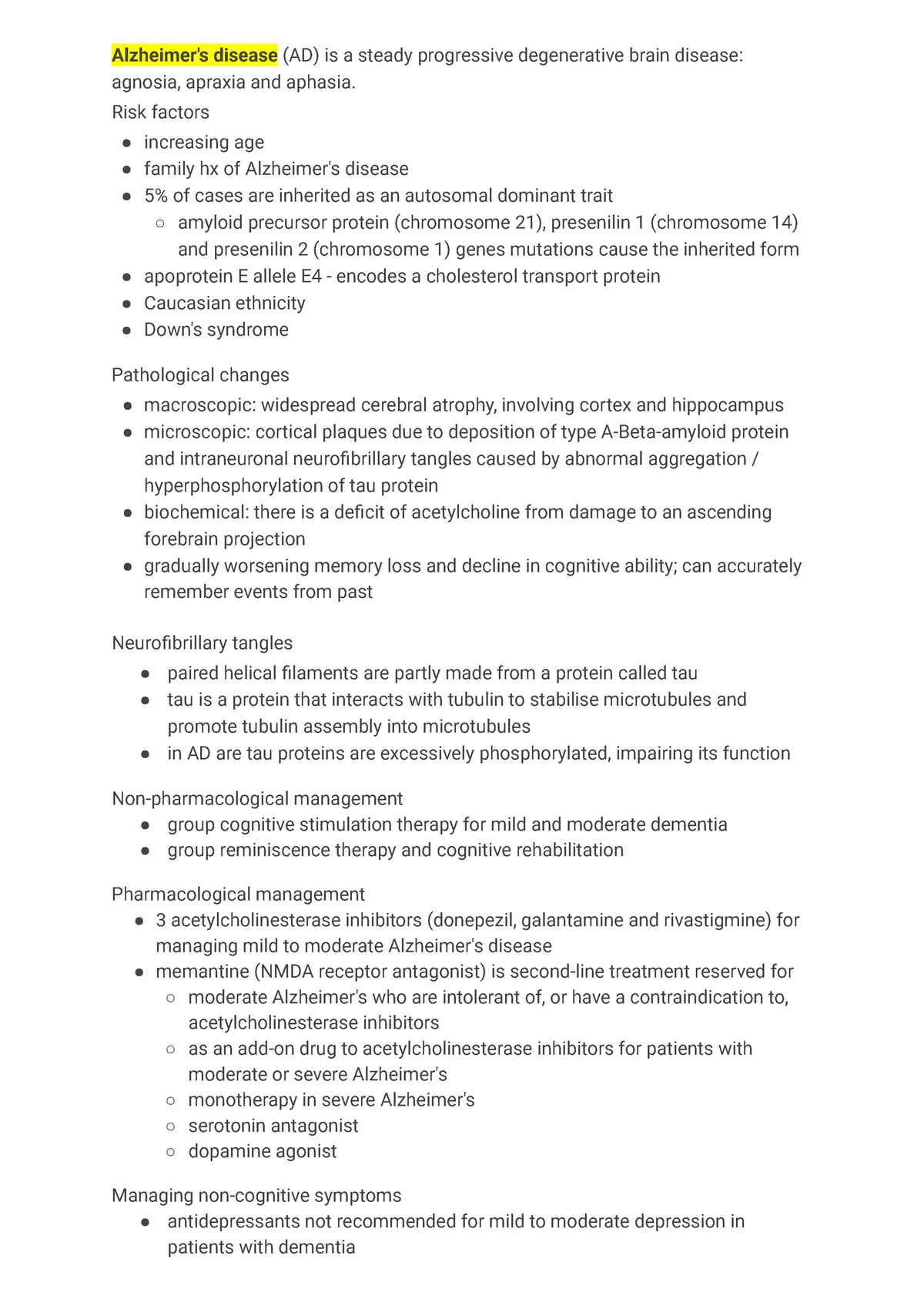 Pal care + geri - diagnosis and management notes - Alzheimer's disease ...