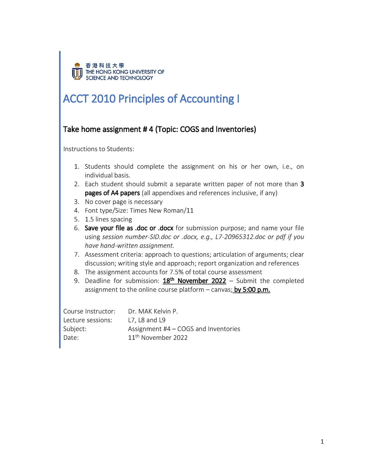 ACCT Assignment 4 - For ACCT2010 By Kelvin Mak - 1 ACCT 2 010 ...