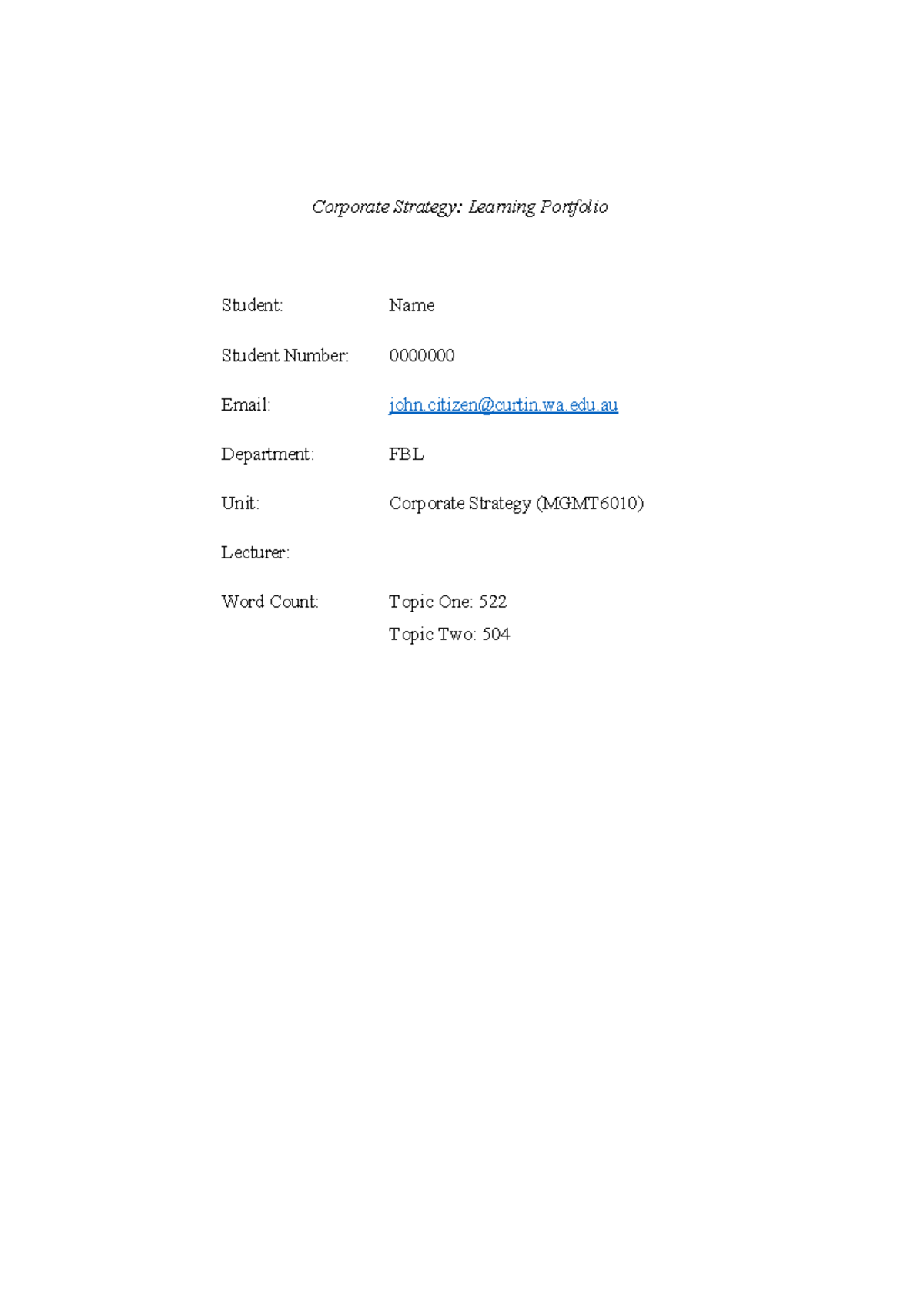 Assignment 1 Portfolio Sample - Corporate Strategy: Learning Portfolio ...
