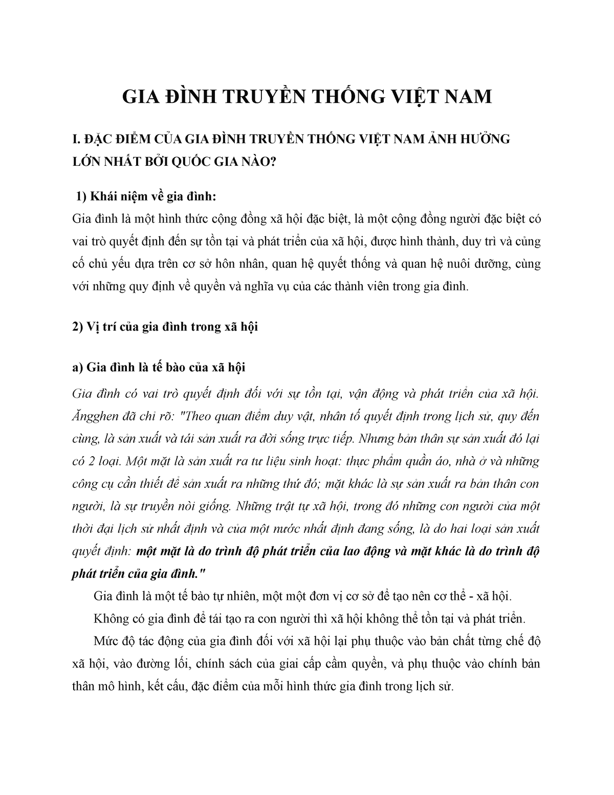 Gia đình truyền thống Việt Nam - GIA ĐÌNH TRUYỀN THỐNG VIỆT NAM I. ĐẶC ĐIỂM CỦA GIA ĐÌNH TRUYỀN - Studocu