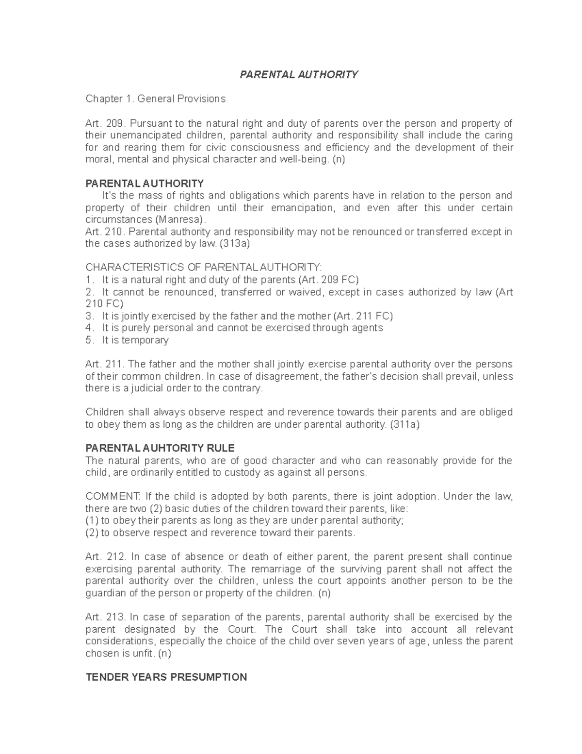 Law Related Studies PARENTAL AUTHORITY Chapter 1. General Provisions