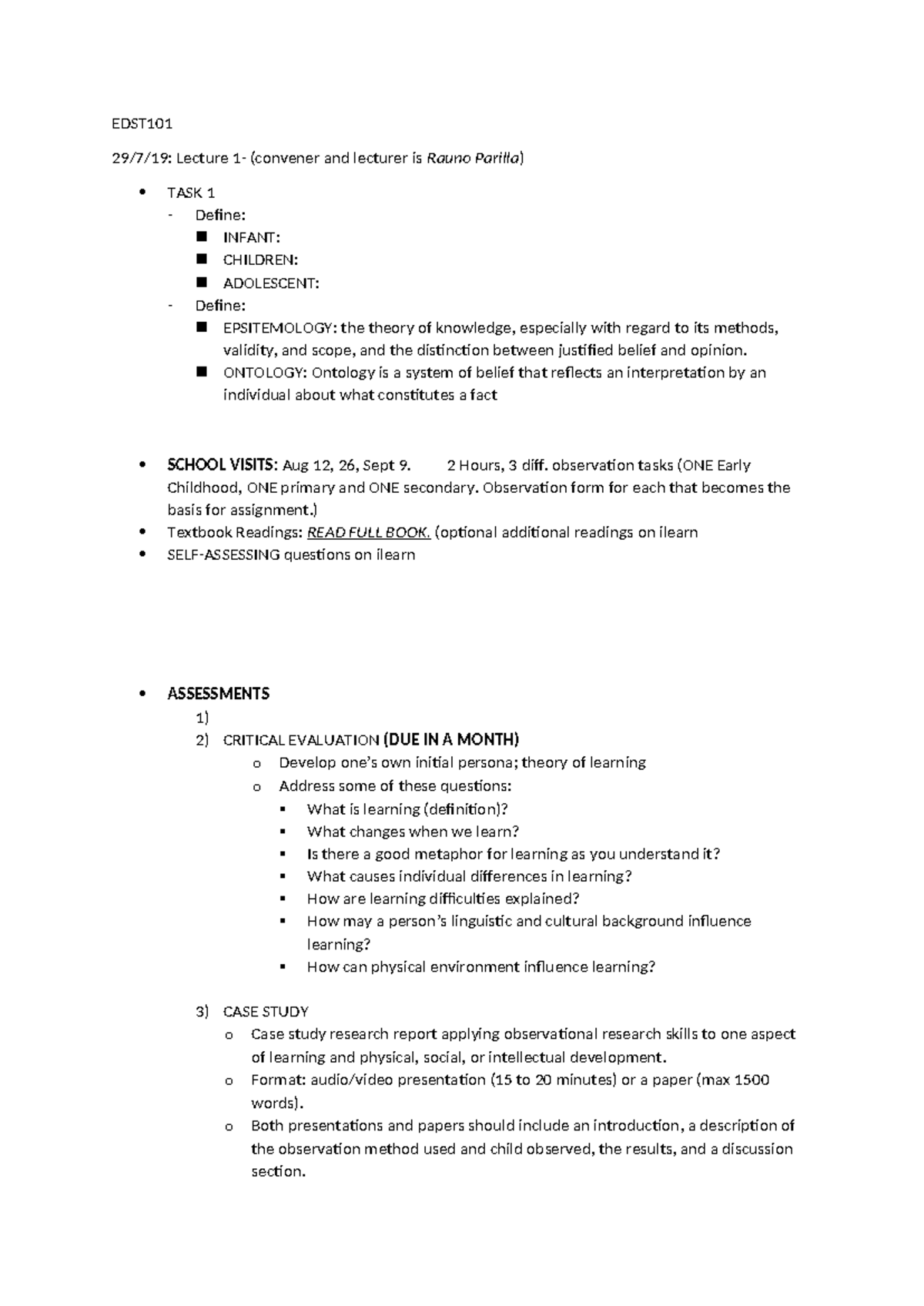 EDST101 Lecture notes 2019 - EDST 29/7/19: Lecture 1- (convener and ...