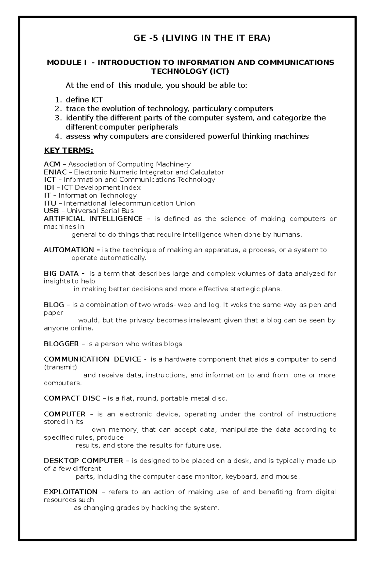 GE 5 Module 1 - Teh - MODULE I - INTRODUCTION TO INFORMATION AND ...