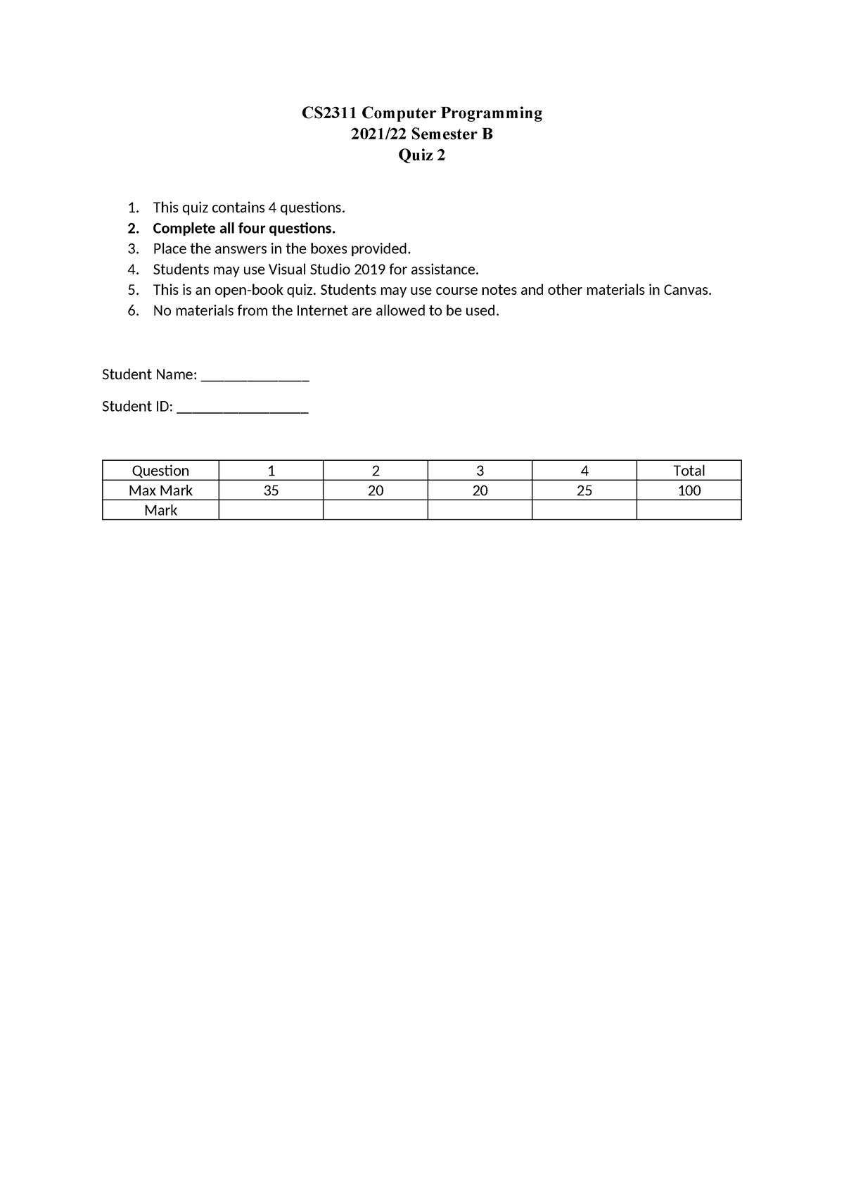 Quiz2cs2311 2021 2022 Sem B Soln - CS2311 Computer Programming 2021/22 ...