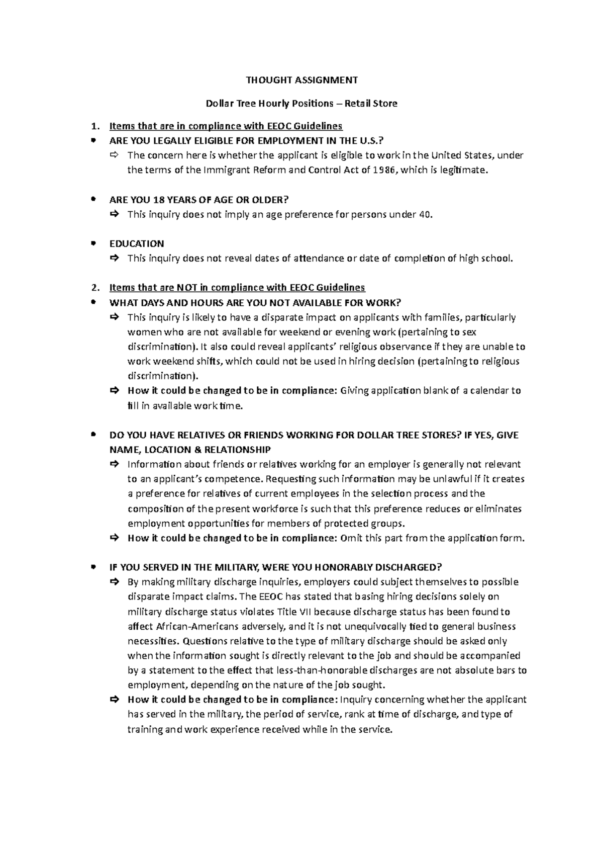 THOUGHT ASSIGNMENT Dollar Tree Hourly Positions THOUGHT ASSIGNMENT Dollar Tree Hourly