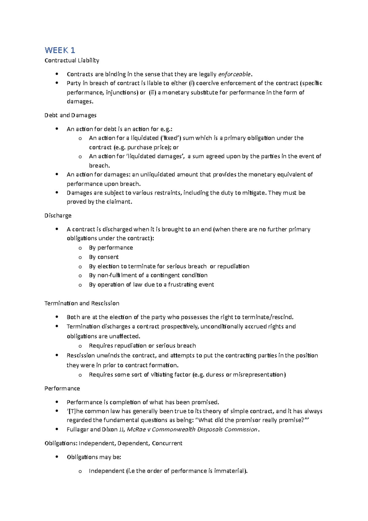 LAWS1702 ppt notes - WEEK 1 Contractual Liability Contracts are binding ...