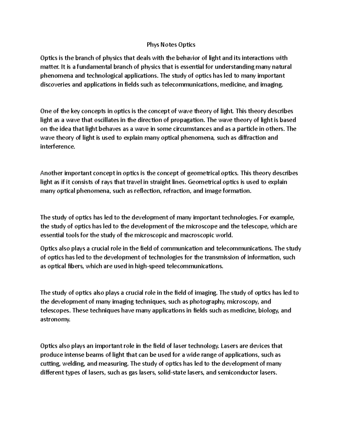 Phys Notes Optics Phys Notes Optics Optics is the branch of physics