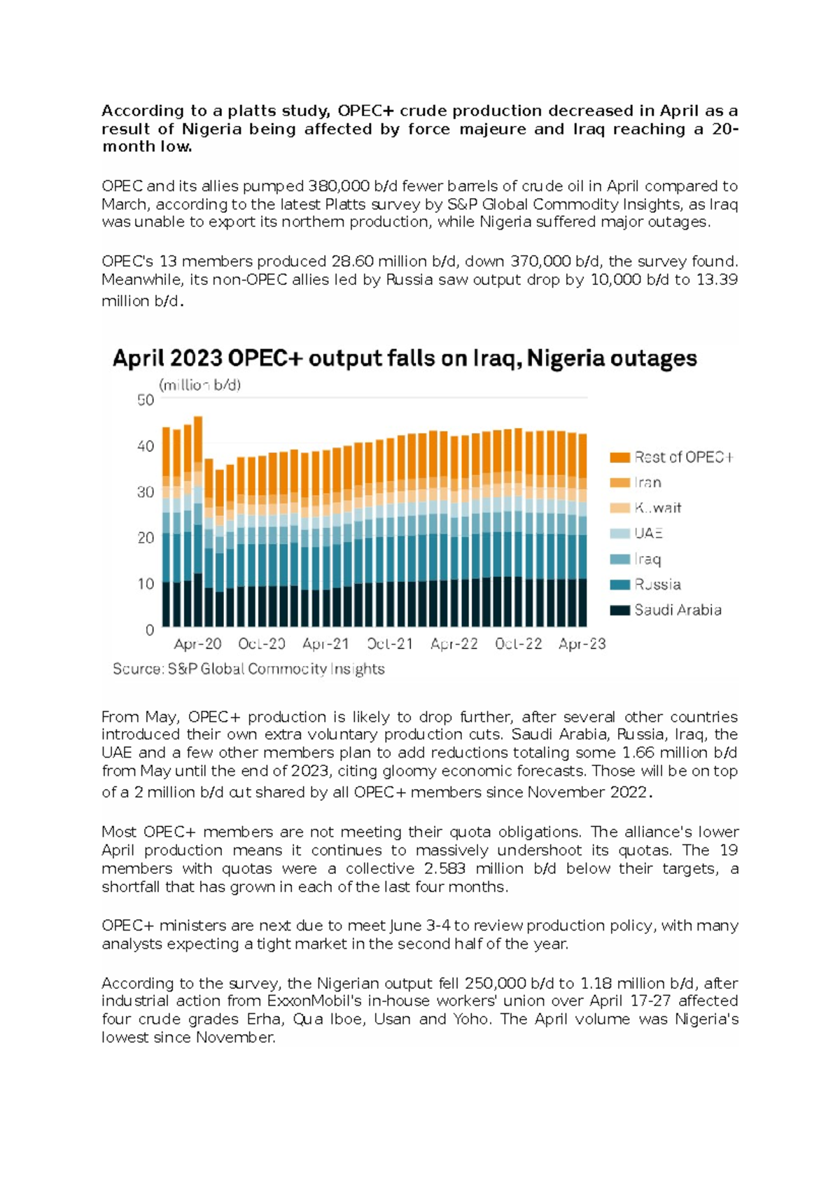 Global oil market - According to a platts study, OPEC+ crude production ...