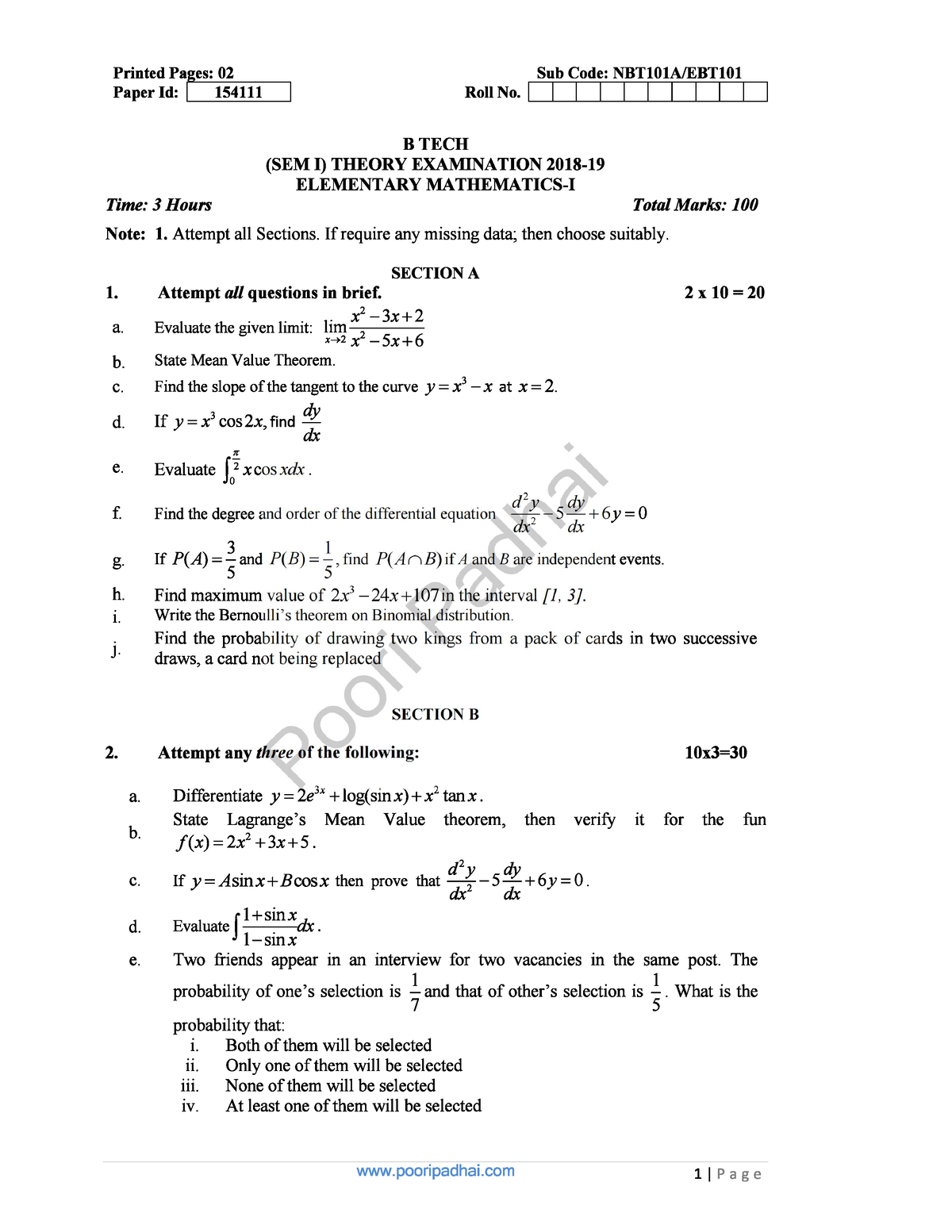 Elementary Mathematics 1 Nbt 101 A - Computer Science And Engineering 