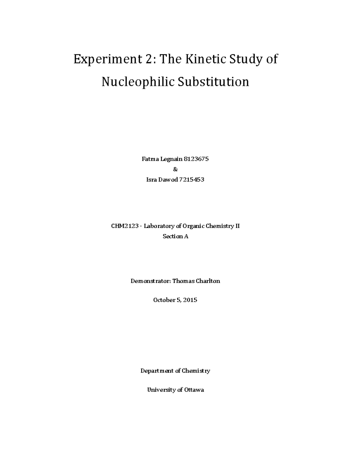 Exp 2 - CHM 2123 - The Kinetic Study of Nucleophilic Substitution ...