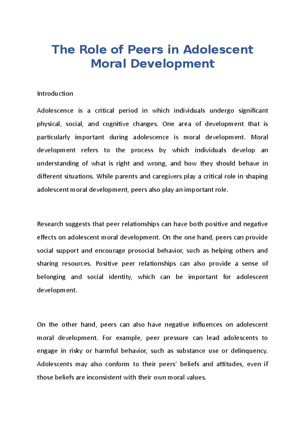 moral development in adolescence essay