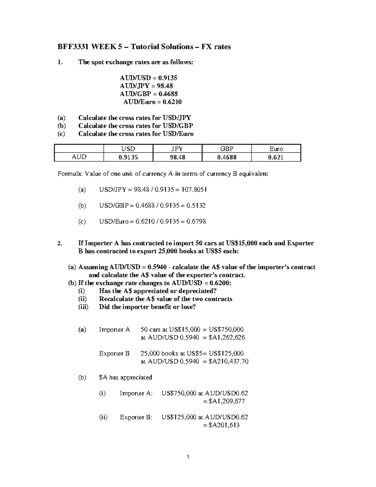 Week 5 tutorial solutions - FX rates - WEEK 5 Tutorial Solutions FX ...