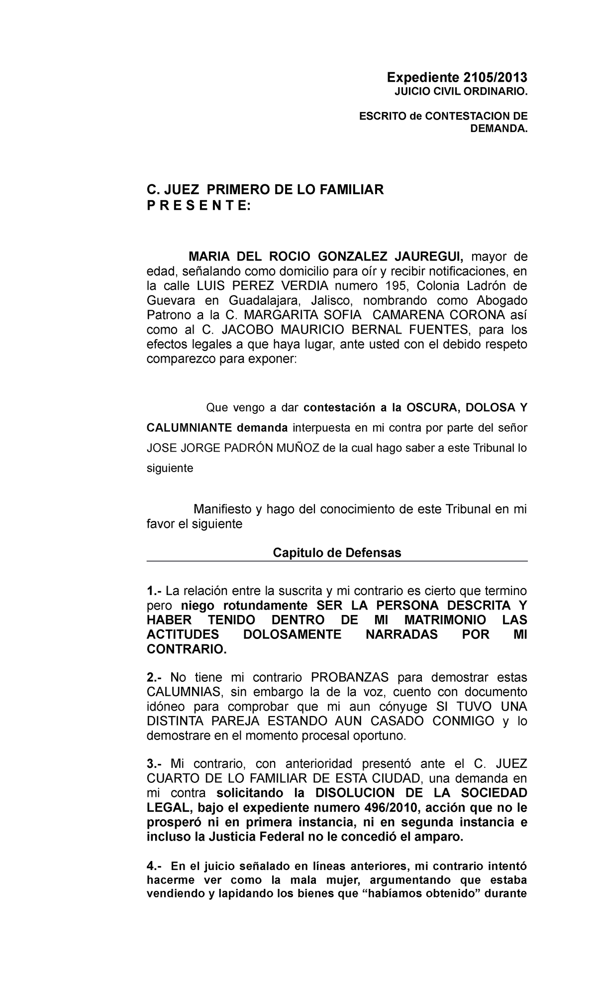 Escrito de contestacion de demanda con reconvención Estado de Jalisco ...