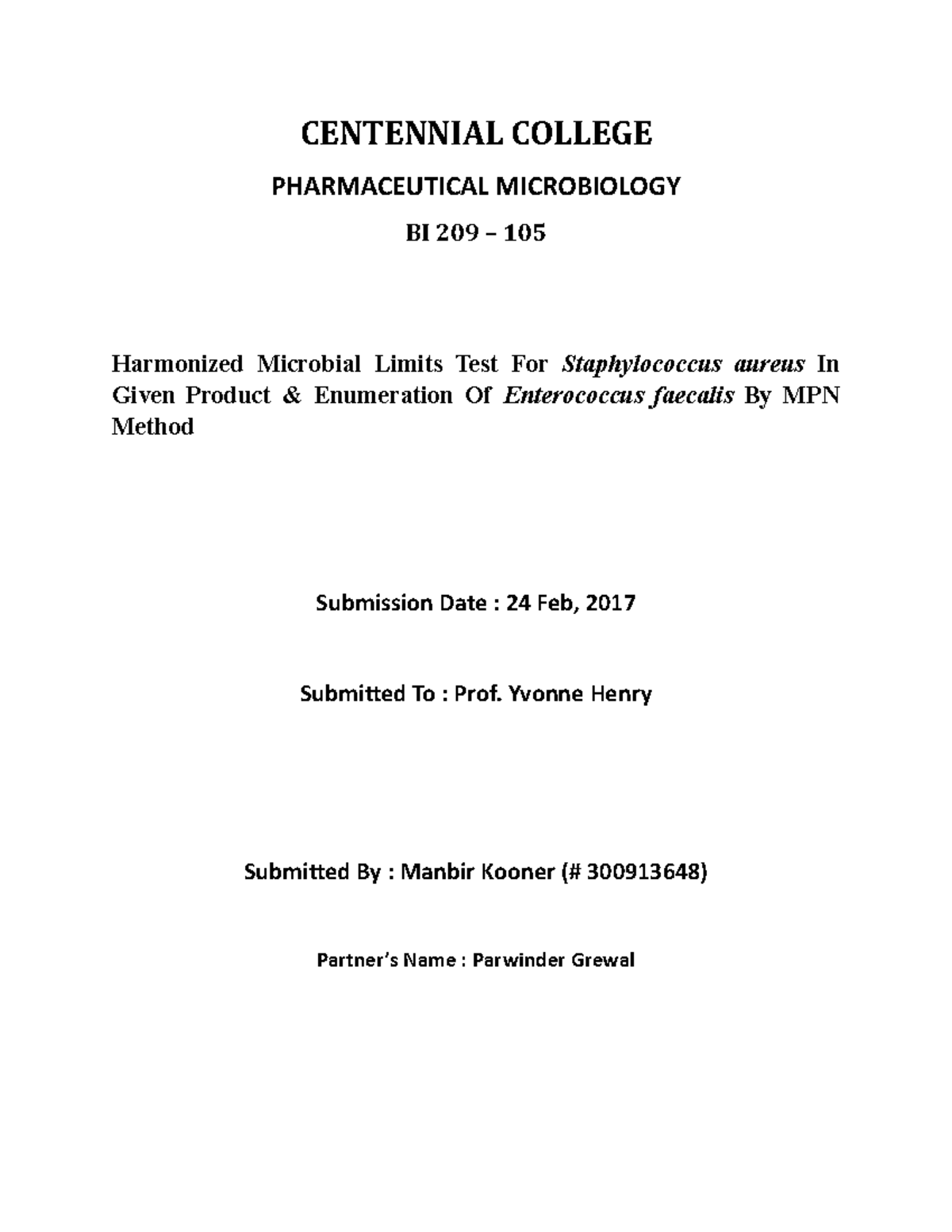 lab report of pharmaceutical CENTENNIAL COLLEGE PHARMACEUTICAL