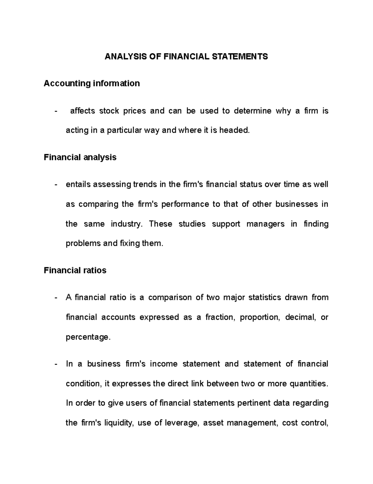 Analysis OF Financial Statements - ANALYSIS OF FINANCIAL STATEMENTS ...