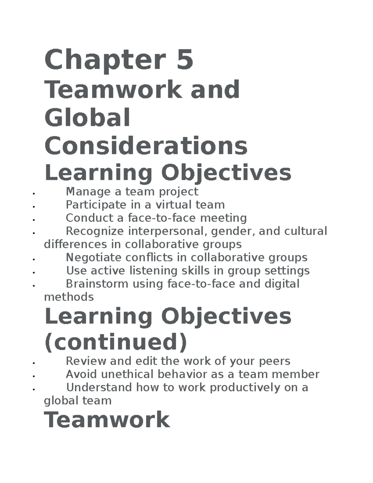 Chapter 5 - Chapter 5 Teamwork and Global Considerations Learning ...