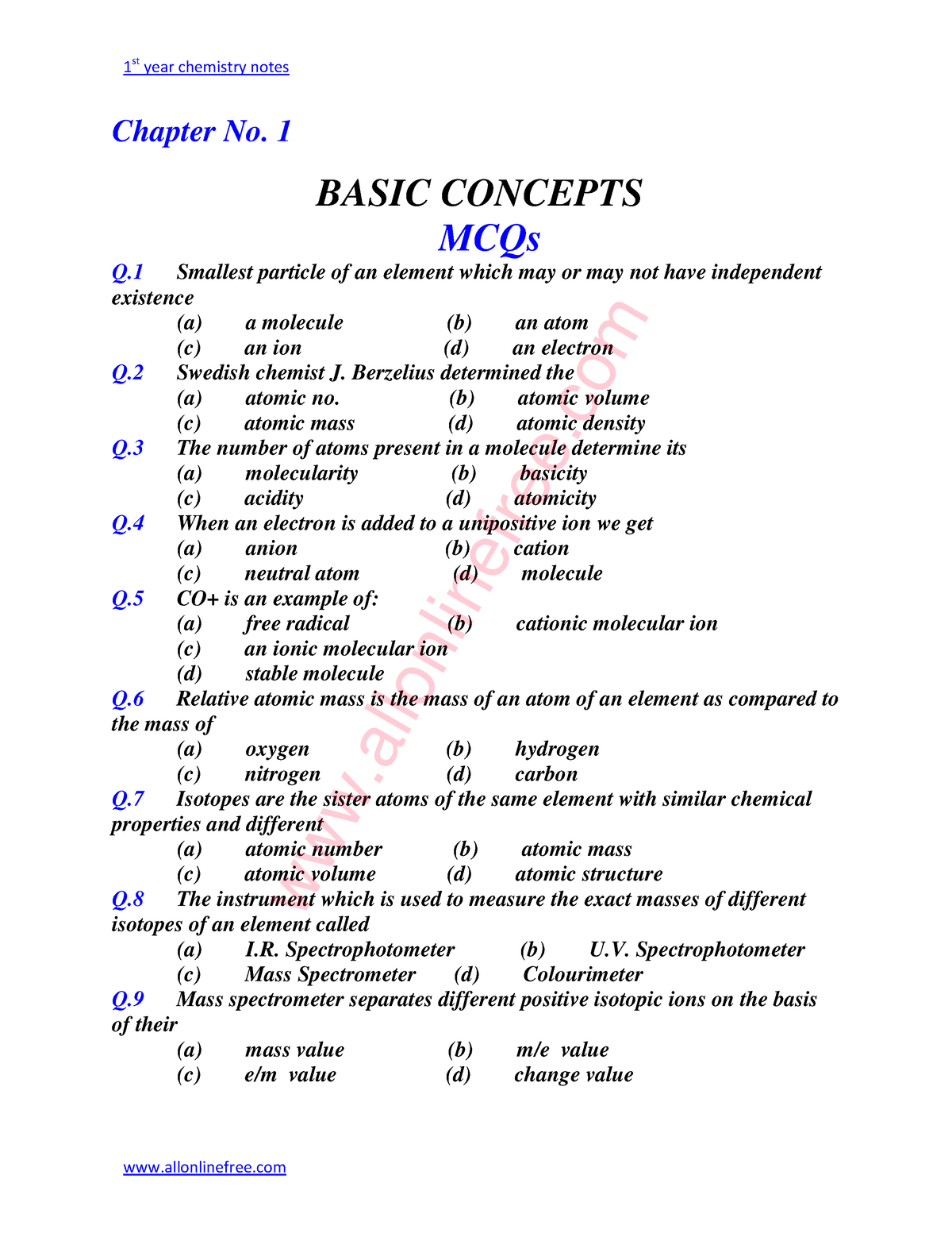 Chemistry 1st Year Solved MCQs Notes - 1 St Year Chemistry Notes ...