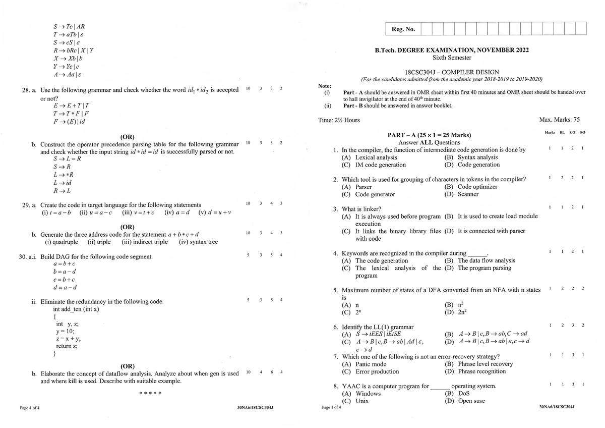 18CSC304J 30.11.2022 AN - Compiler Design - Studocu