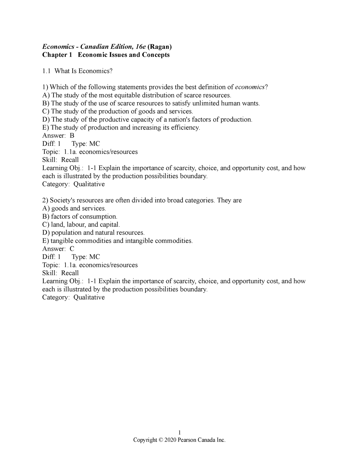 [ ECON 101 ] Chapter 1 - Test Bank From Ragan Textbook - ECON 101 - UBC ...