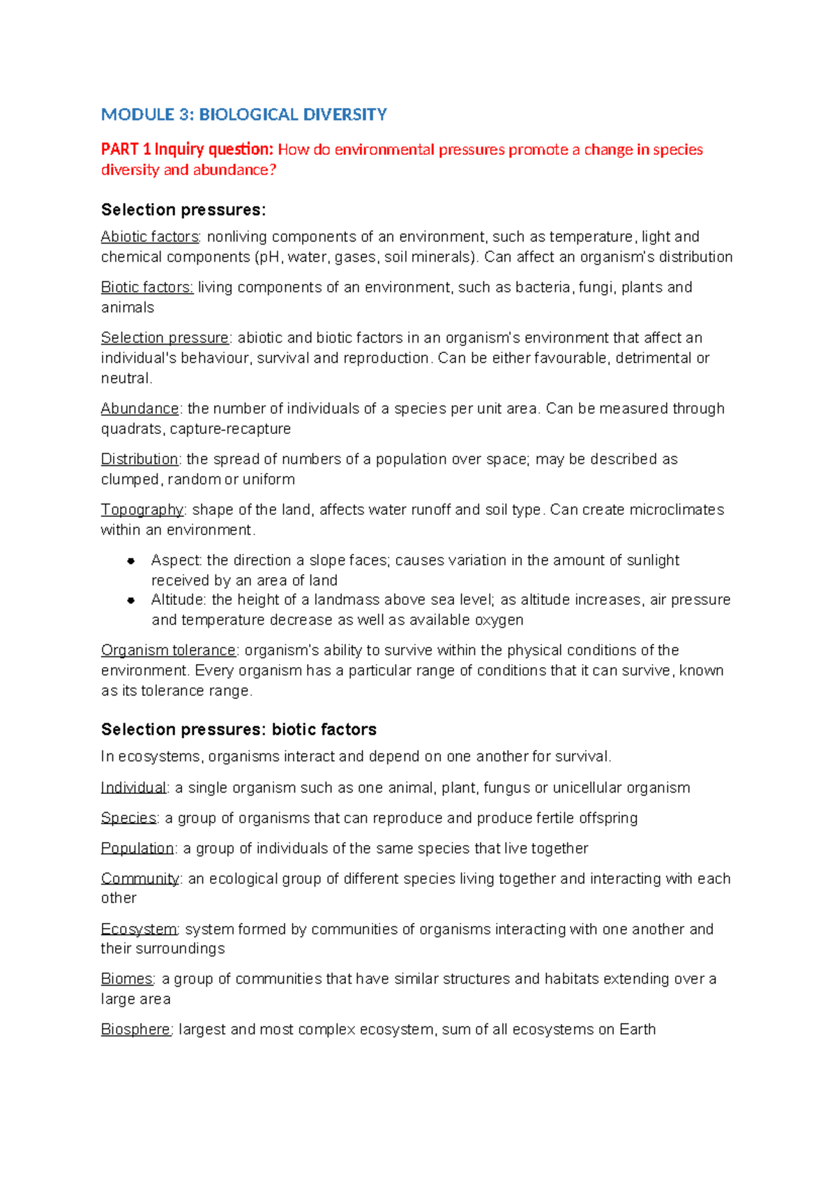 Mod 3 copy - notes - MODULE 3: BIOLOGICAL DIVERSITY PART 1 Inquiry ...