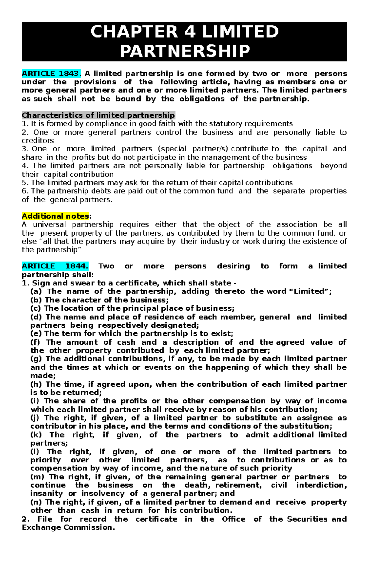 CH. 4 - Business Law - CHAPTER 4 LIMITED PARTNERSHIP ARTICLE 1843. A ...