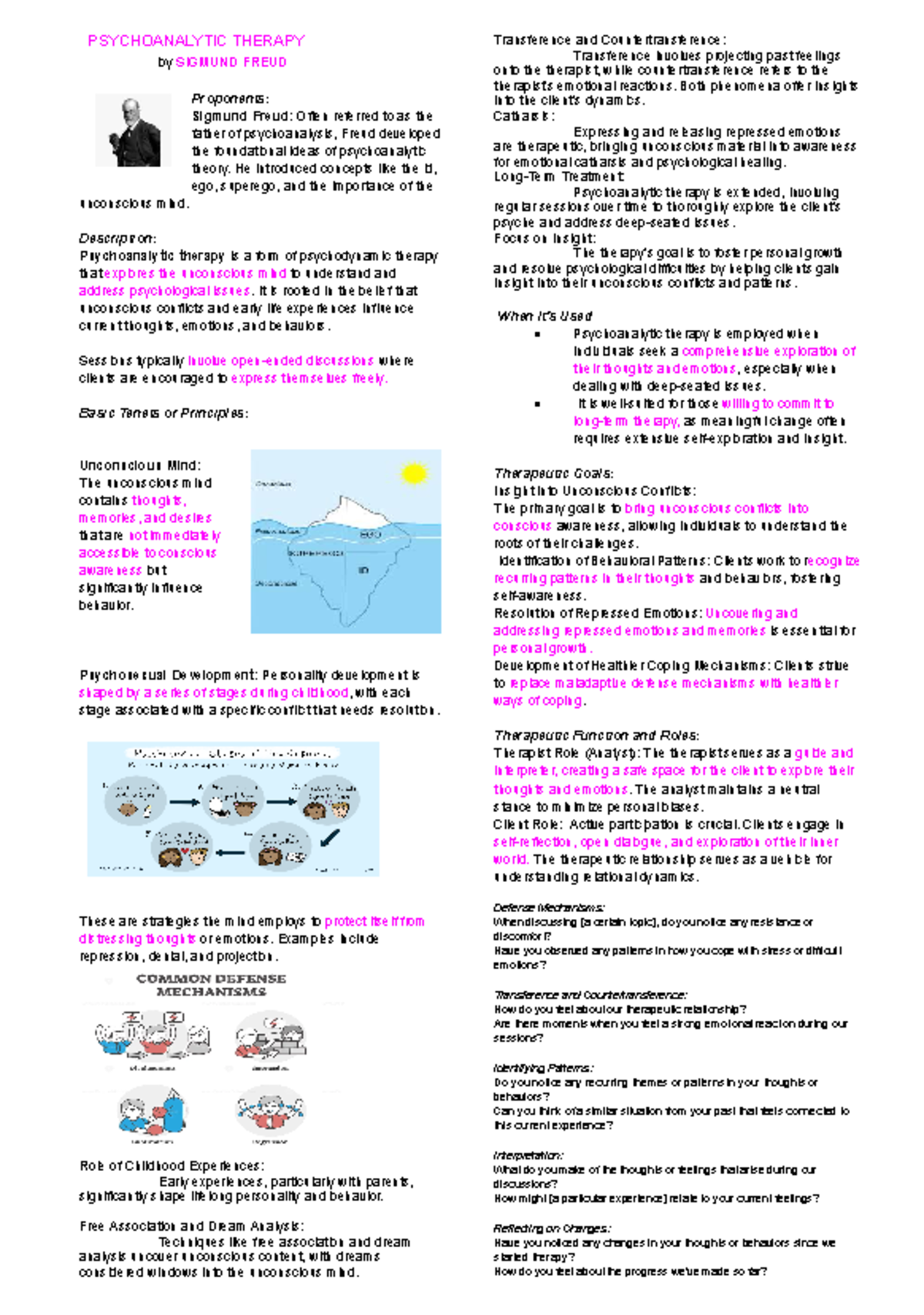 Cheat sheet - PSYCHOANALYTIC THERAPY by SIGMUND FREUD Proponents ...