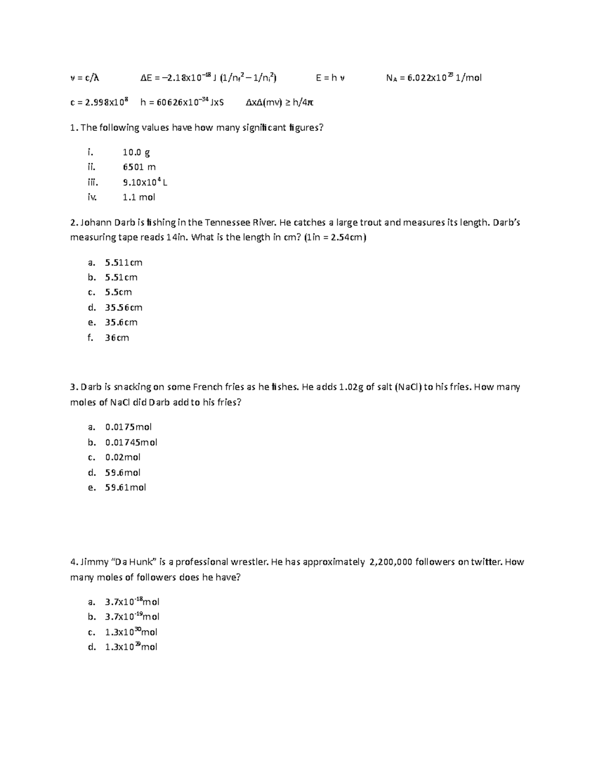 Exam 1 Review Yang - ν = c/λ ΔE = –2–18 J (1/nf 2 – 1/ni 2 ) E = h ν NA ...