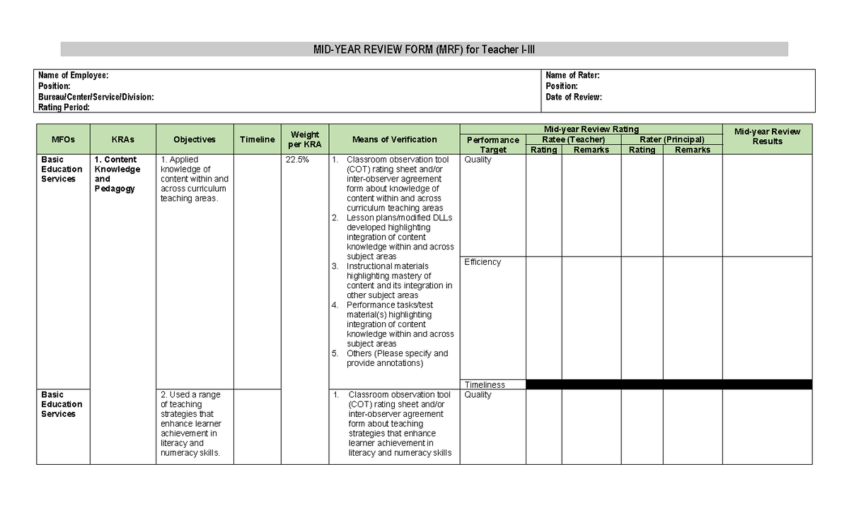 MRF - example - MID-YEAR REVIEW FORM (MRF) for Teacher I-III Name of ...