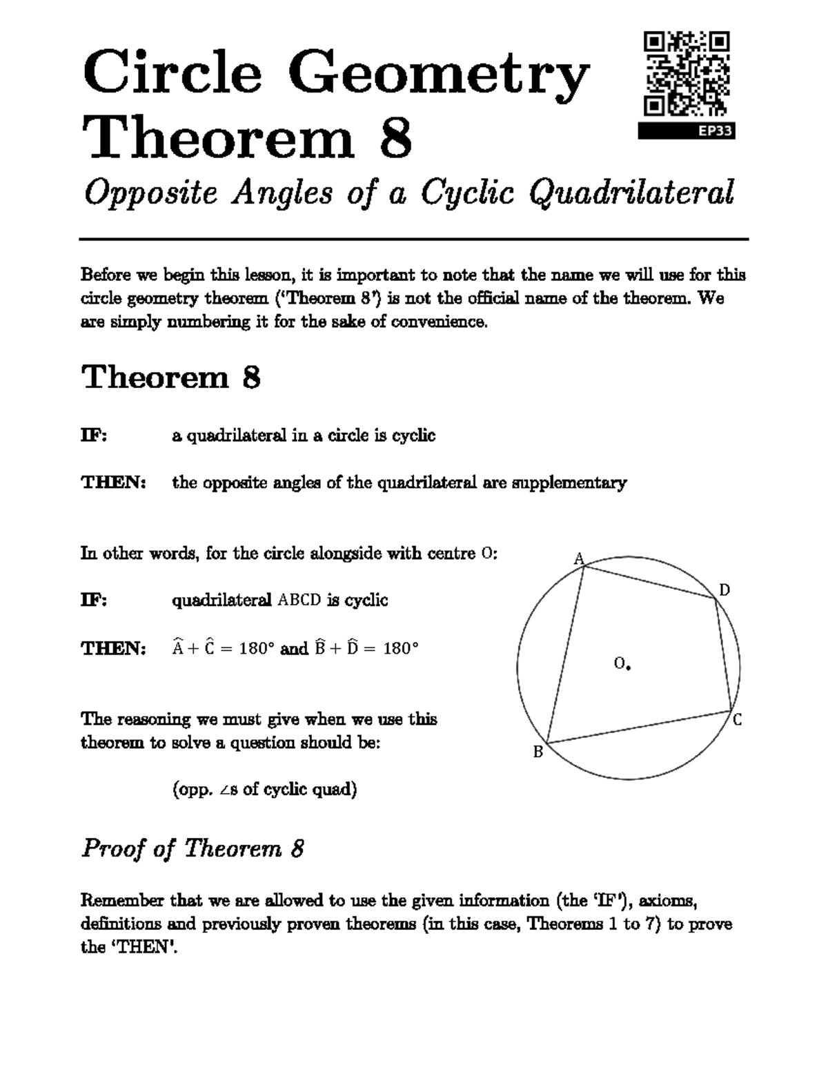 Circle Geometry Theorem 8 Mat02a2 O Abcd A犢 C犢 180ﾂｰ B犢 D