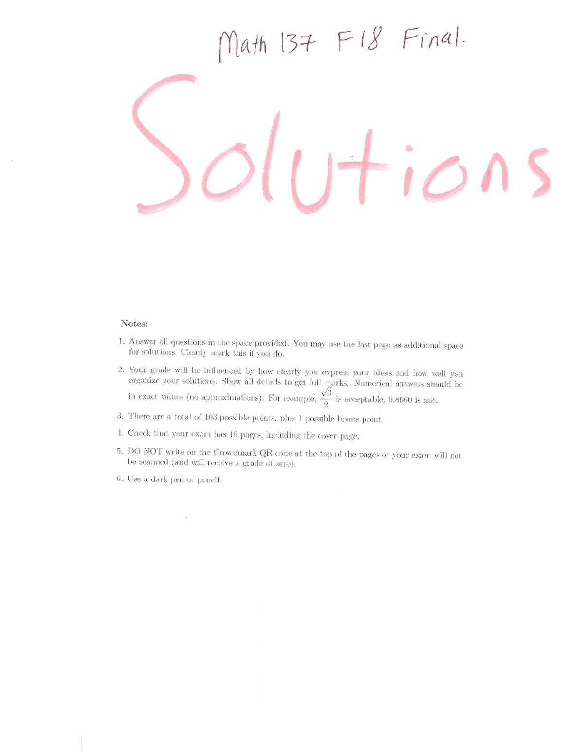 MATH 137 F18 FE Sols - Good notes - Pmath 365 - Studocu