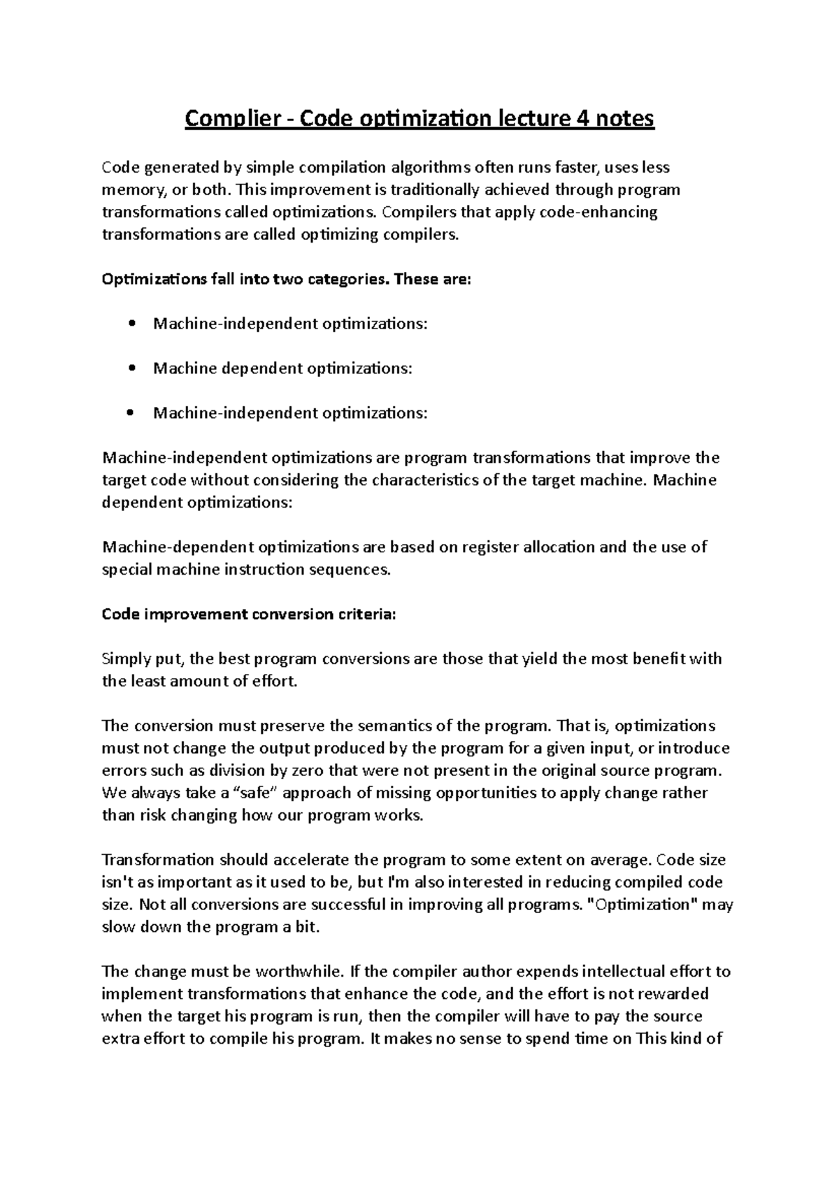 Complier - Code optimization lecture 4 notes - This improvement is ...