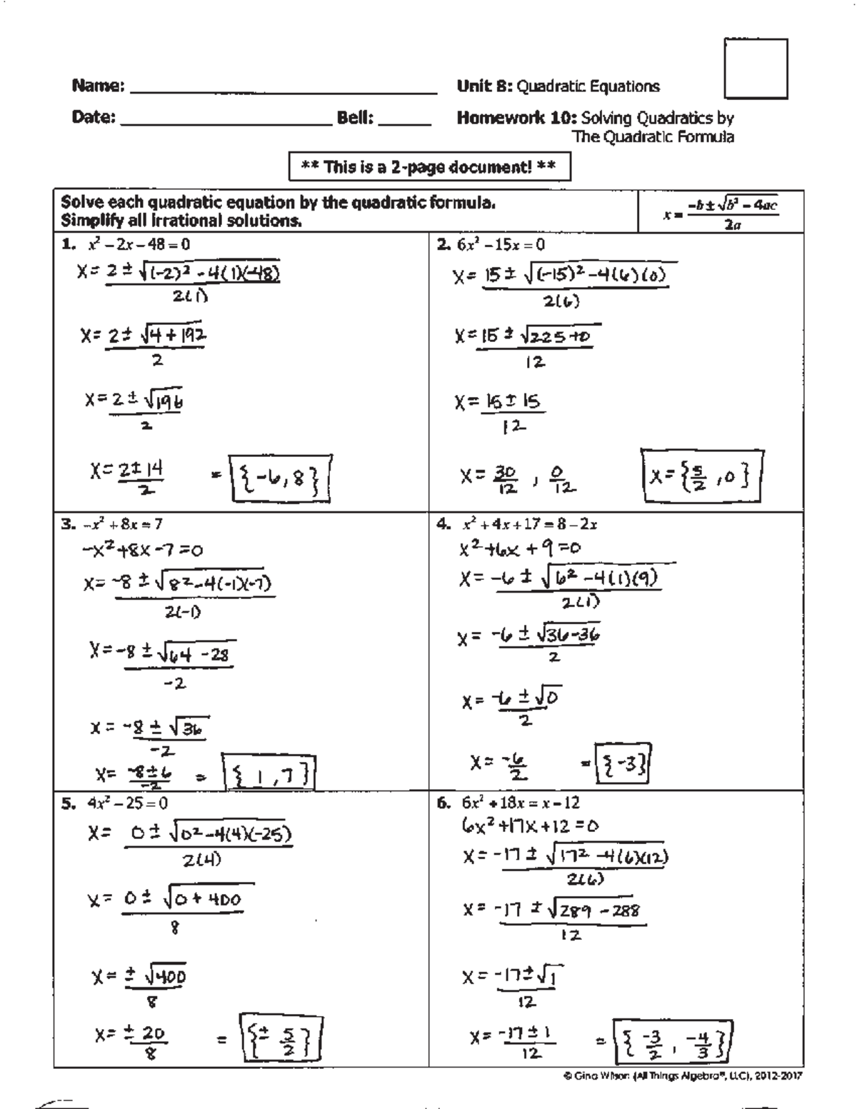 unit 8 quadratic equations homework 3 answer key pdf