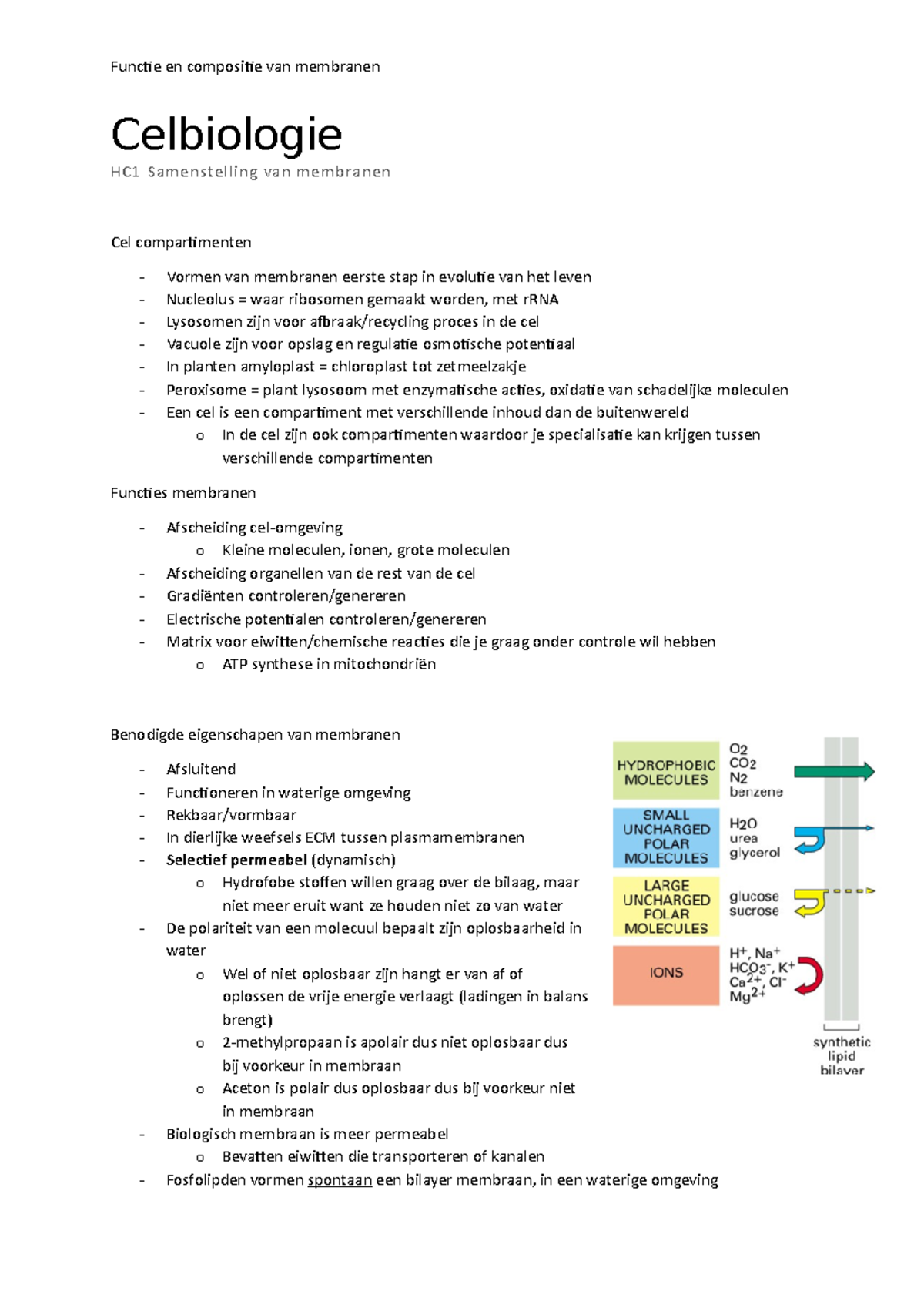 Celbiologie Hoorcollege 1; UVA; BMW - Celbiologie HC1 Samenstelling Van ...