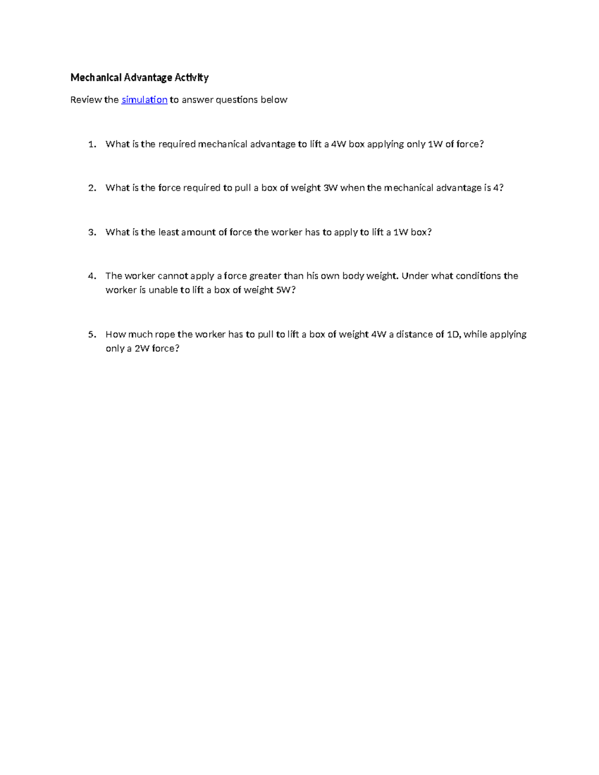 Mechanical Advantage Activity Mechanical Advantage Activity Review