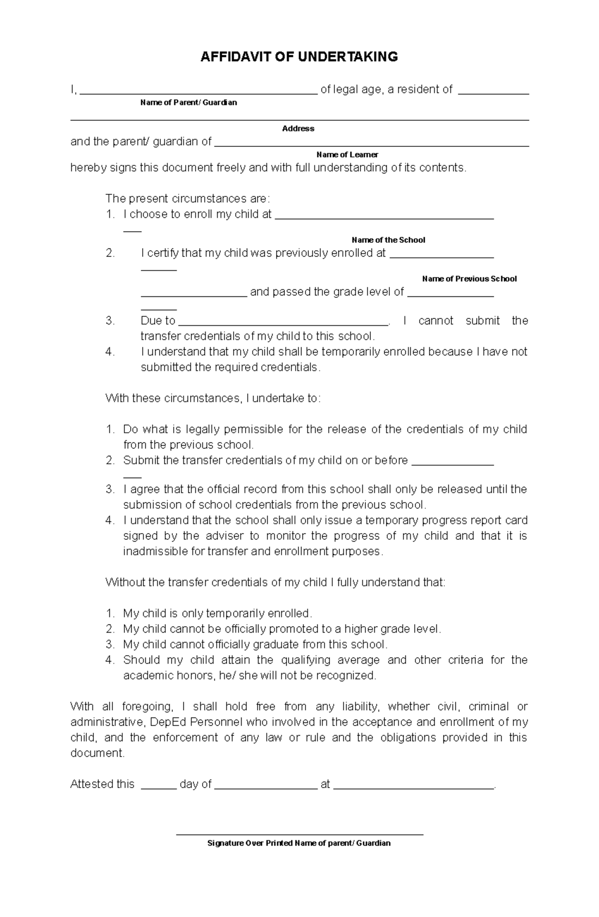 Affidavit-OF- Undertaking-for-form137 - AFFIDAVIT OF UNDERTAKING I, of ...