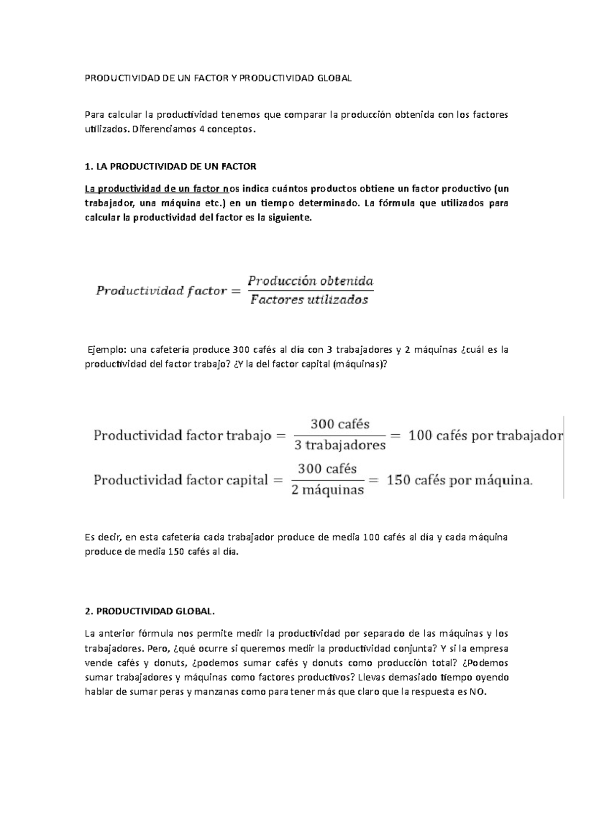 Teor A Y Ejemplos Sobre El C Lculo De La Productividad Productividad De Un Factor Y Studocu