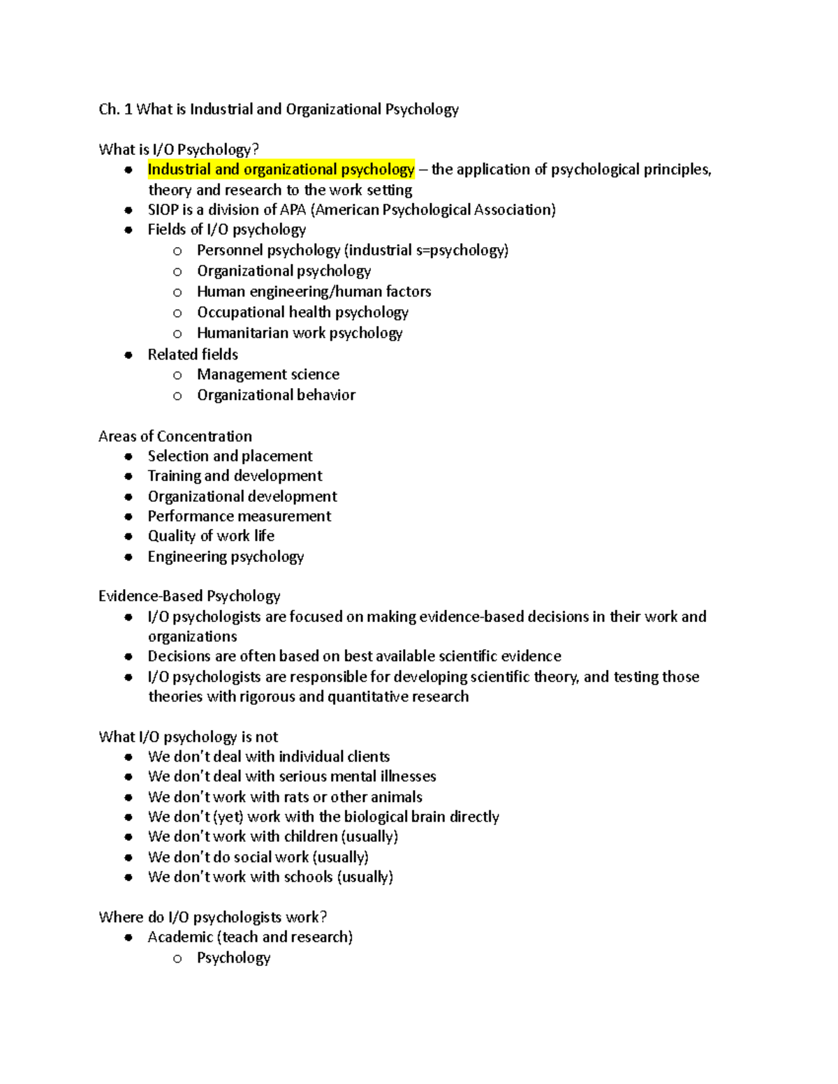 Copy Of Ch. 1 Notes - Ch. 1 What Is Industrial And Organizational ...