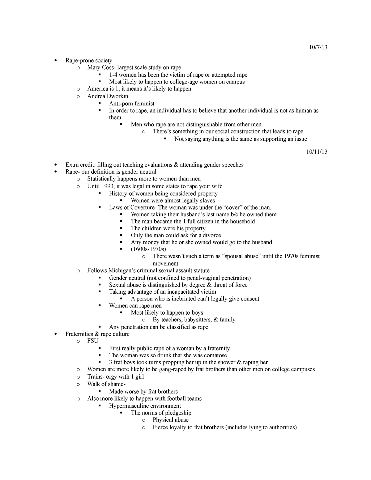 Exam 2 Lecture Notes - 10/7/ Rape-prone society o Mary Coss- largest ...