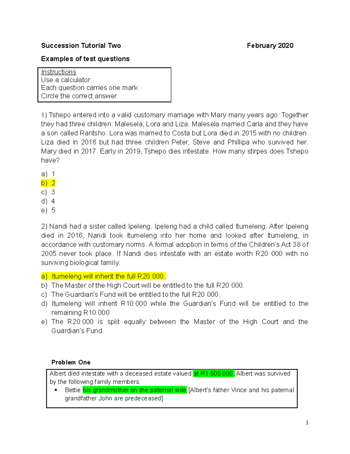 Succession Tutorial Two Example of MCQ test 2020 - LAWS4059 - Wits ...