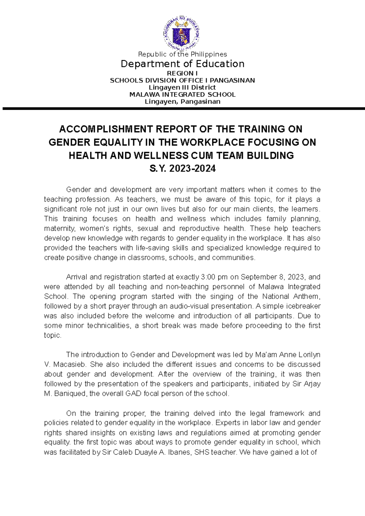 Gender And Development - Republic Of The Philippines Department Of 