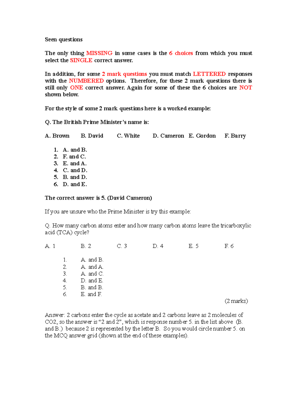 Exam January 2016, questions and answers - Seen questions The only ...