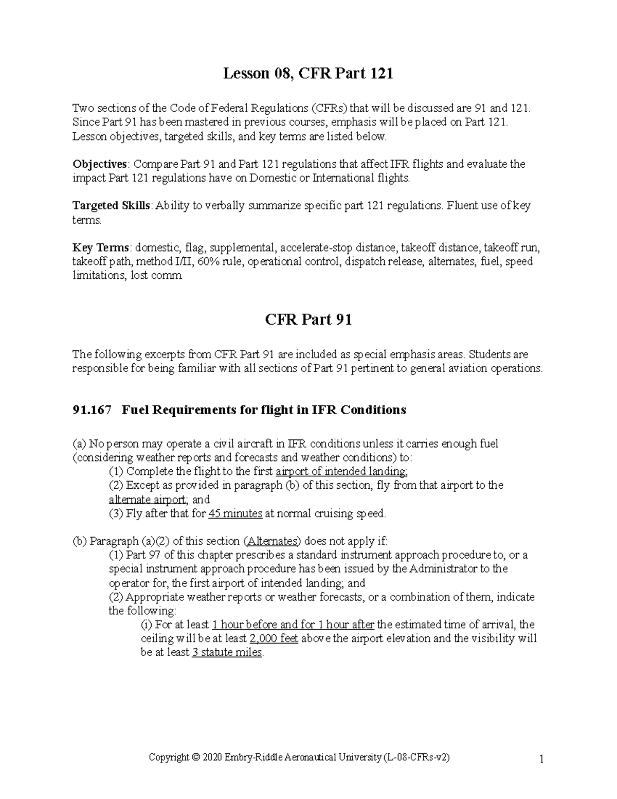 L 08 CFRs V2 - Lecture Notes 8 - Lesson 08, CFR Part 121 Two Sections ...