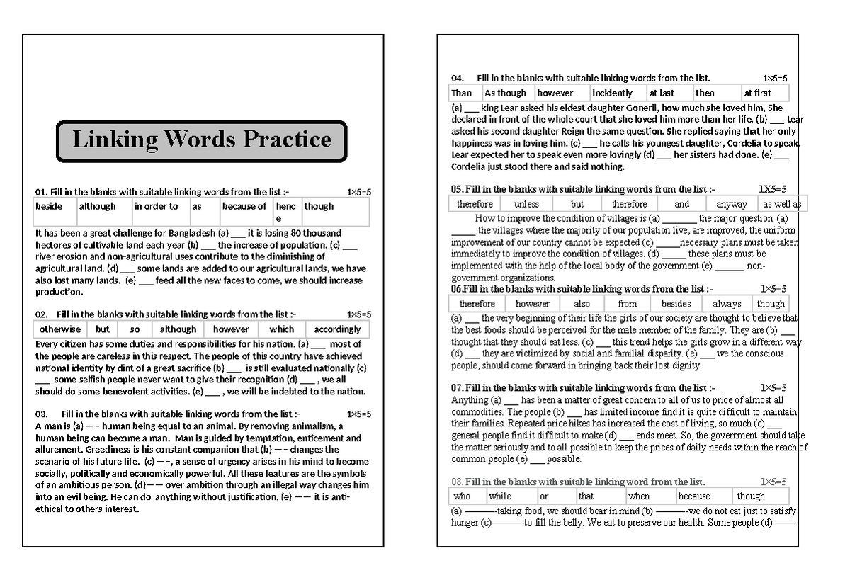 Linking Word Rules (Practise) Fill in the blanks with suitable