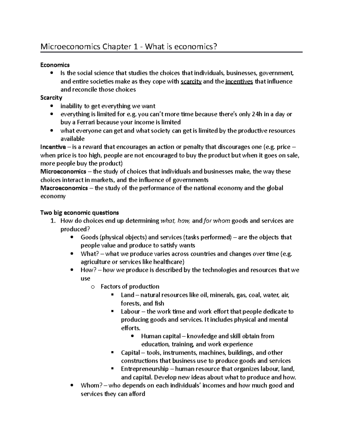Chapter 1 - Lecture notes 1 - Microeconomics Chapter 1 - What is ...