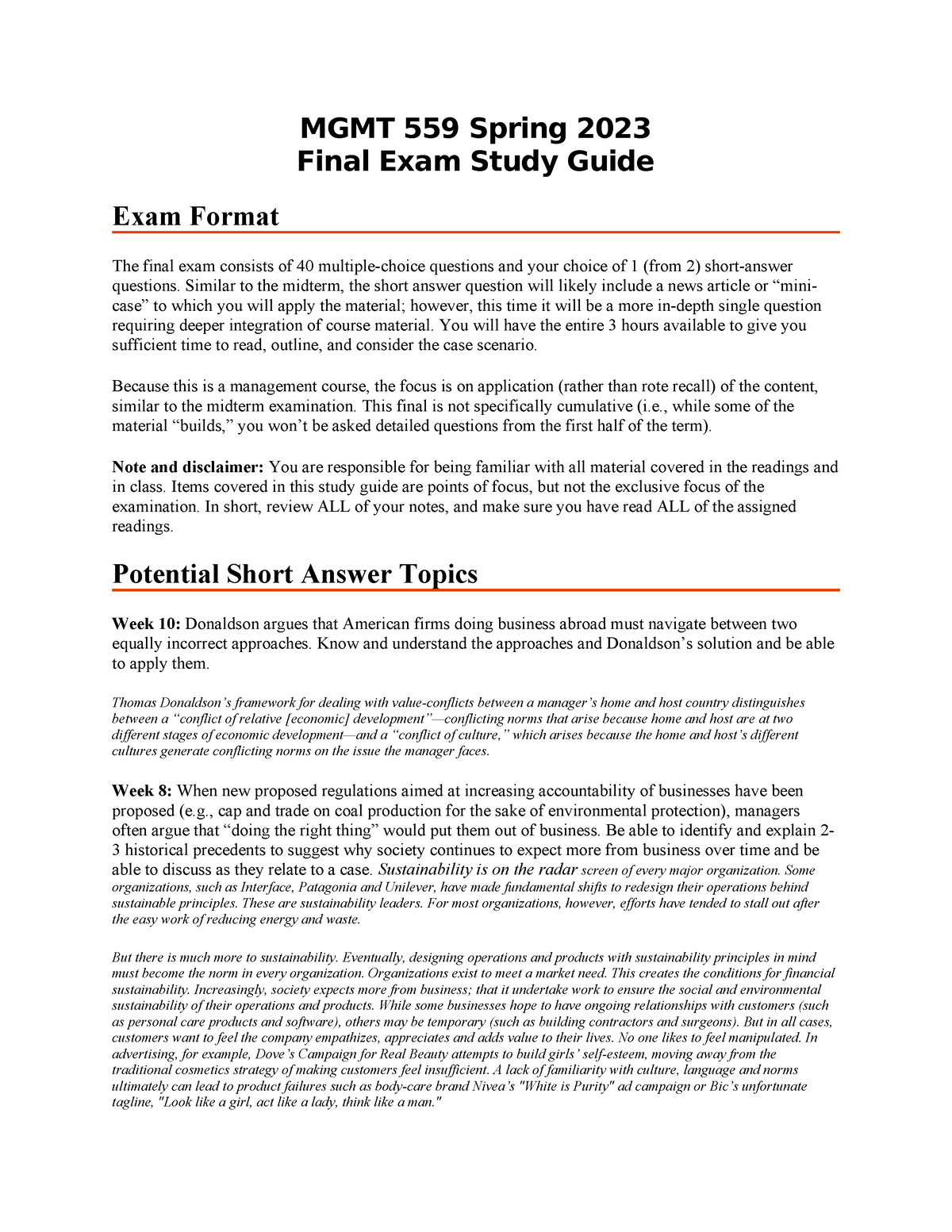 MGMT 559 S23 Final Exam Study Guide - MGMT 559 Spring 2023 Final Exam ...