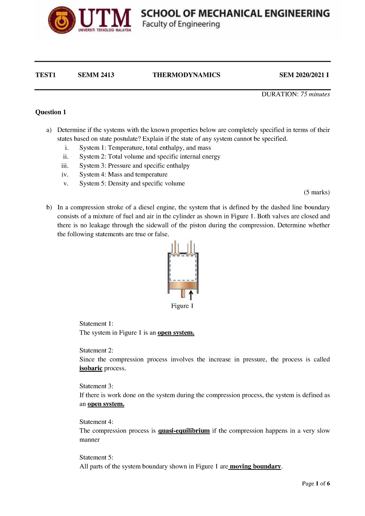 Test 1 Set B 20 - Test 1 Set B - TEST1 SEMM 2413 THERMODYNAMICS SEM ...