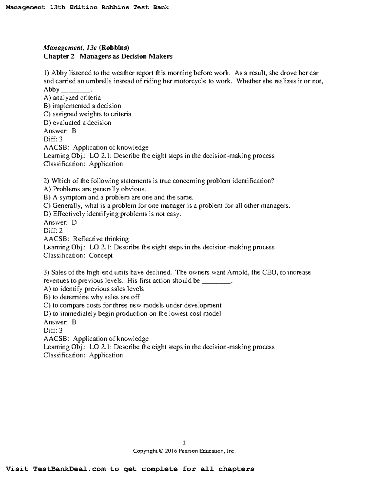 Management 13th Edition Robbins Test Bank - 1 Copyright © 2016 Pearson ...